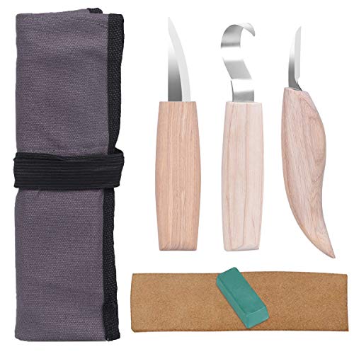 SanGlory Schnitzmesser,3PCS Holz Skulptur Schnitzen Kerbschnitzmesser Werkzeug Wood Carving Tools Knife Set Holzschnitzerei Kit für Löffel Schüssel Cup,Edelstahl Schnitzwerkzeuge für Anfänger/Profis