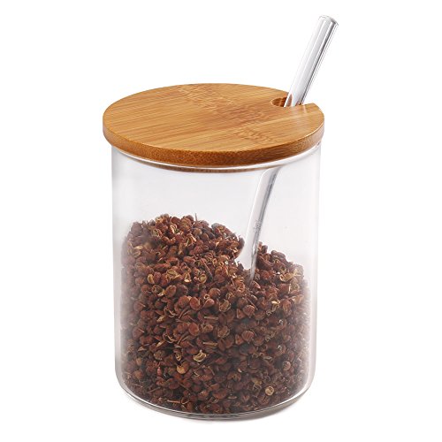 77L Zuckerdose, Glas Zucker Schüssel mit Löffel und Deckel aus Bambus für Zuhause und Küche, elegantes Design, 350ML (12.32 OZ )