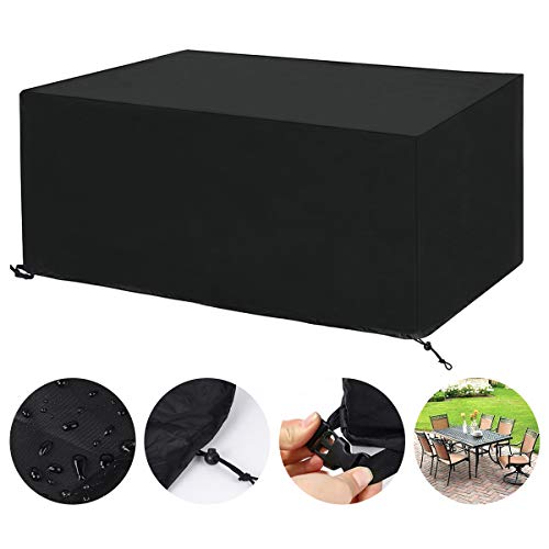 SanGlory Gartenmöbel Abdeckung, Atmungsaktiv Abdeckhaube für Tisch und Stühle, Wasserdichte Oxford Gewebe Sitzgruppe Abdeckplane, Rechteckig Schutzhülle für Gartentisch (242x162x100cm) – Schwarz