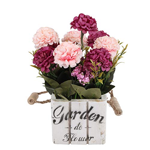Flikool Hortensie Künstliche Blumen mit Holztopf Gefälschte Künstliche Pflanzen mit Topf Topfpflanzen Bonsai Hydrangea Kunstblumen Kunstpflanzen - Rose Blumen mit Square Weiß Pot