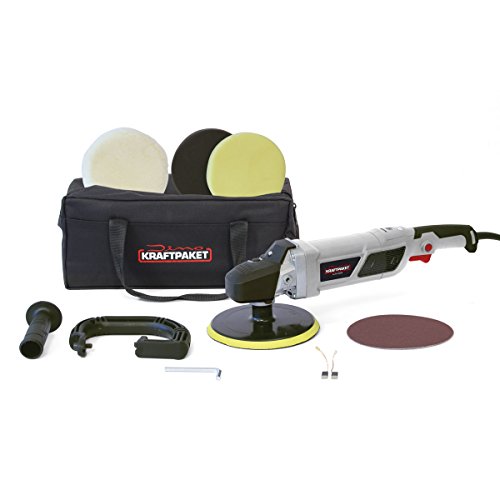 Dino KRAFTPAKET 640228 Poliermaschine 1500 W, 12-Stufig mit LCD-Display, Memory-Funktion Polierschwamm Polierfell Schleifpapier Polierteller Tasche