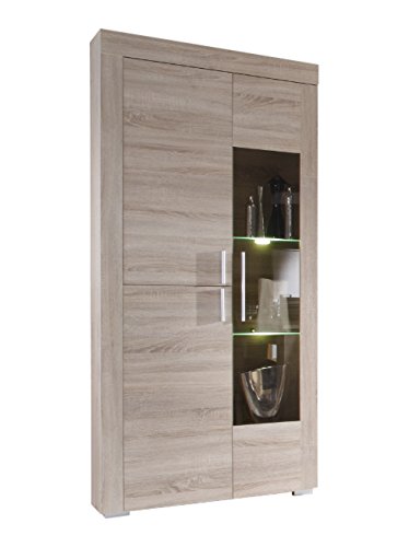 trendteam Wohnzimmer Vitrine Schrank Wohnzimmerschrank Boom, 89 x 210 x 34 cm in Eiche Sägerau Hell Dekor mit LED Beleuchtung in Warm Weiß