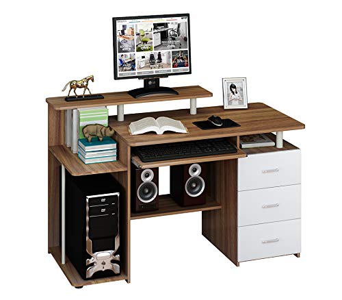 hjh OFFICE Computertisch Büro-Schreibtisch Stella mit Standcontainer, Tastaturauszug, Monitorpodest, viele Ablagefächer, robust gefertigt, einfacher Aufbau, PC-Workstation (nussbaum/weiß)