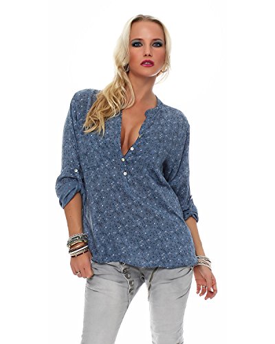 Zarmexx feine Viskosebluse Hemdbluse Fischerhemd Regular fit leichte 3/4-Arm Sommerbluse Tunika zart geblümt Jeansblau One Size (38-42)