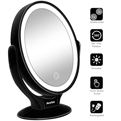 LED Beleuchtete Kosmetikspiegel 360 Grad Drehbare Doppelseitiger Schminkspiegel mit 1x / 7X Vergrößerung, Tragbare Tischplatte Vergrößerungsspiegel USB aufladbar für Reisen, Schlafzimmer - Schwarz