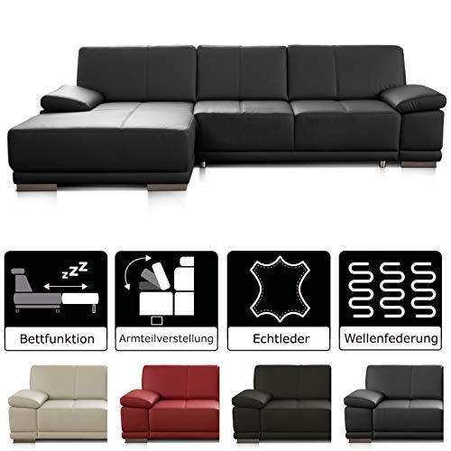 CAVADORE Schlafsofa Corianne mit Longchair links / Ledercouch in modernem Design / Inkl. beidseitiger Armteilverstellung / 282 x 80 x 162 / Echtleder schwarz