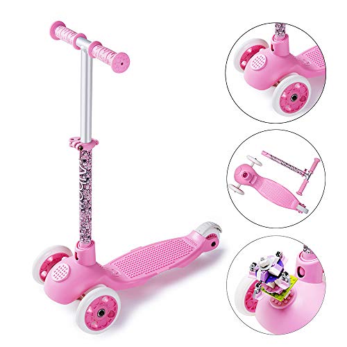 Albott Kinderroller Mini-Scooter Einstellbare Tretroller Bausteine Dreirad Roller für Mädchen mit PU blinkenden Rädern Dreiradscooter ab 3 Jahren bis 100kg belastbar (Rosa)