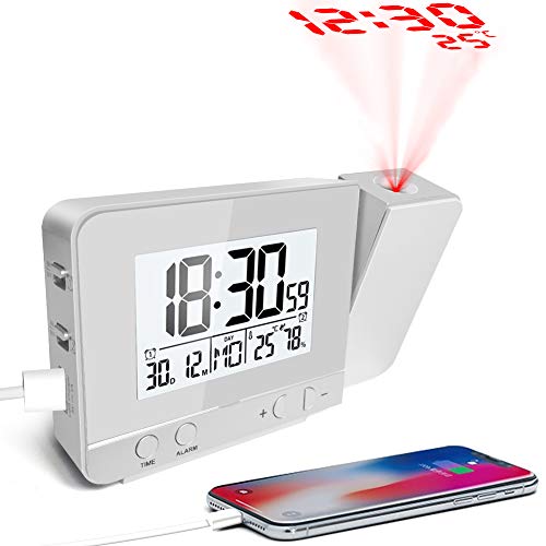 MCvilla Projektionswecker, Wecker FM Radiowecker Reisewecker mit Projektion USB-Anschluss Innentemperatur und Luftfeuchtigkeit Tischuhr DCF automatische Zeitanpassung Snooze Funktion-Silber