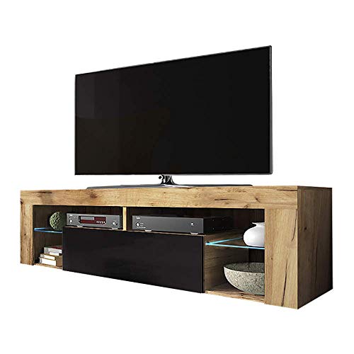 Selsey Hugo - TV-Lowboard/TV-Schrank in Holz-Optik Lancaster Eiche mit Klappe in Schwarz Hochglanz mit LED-Beleuchtung Stehend 140cm