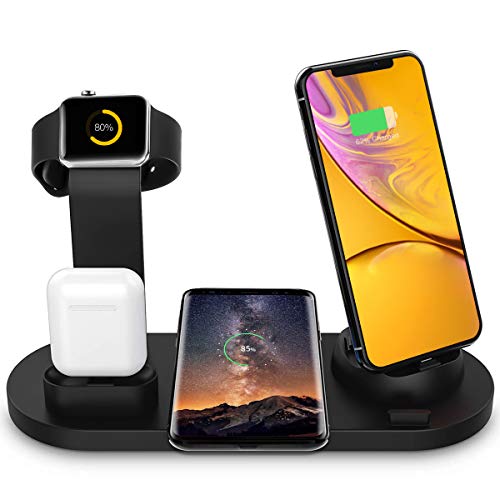 Bestrans Wireless Charger, 6 in 1 Charge Ständer für Apple Watch, Airpods und Smartphone, Fast Qi Ladestation für iPhone XR/XS/Xs Max/X/8 Plus/8 Samsung Galaxy Huawei Xiaomi etc (Schwarz)