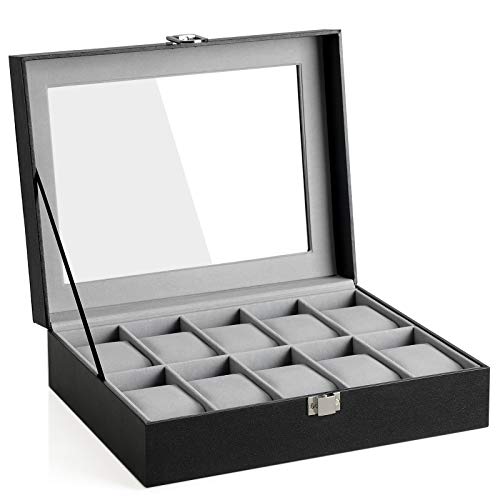 SONGMICS Uhrenbox mit 10 Fächern, Uhrenkasten mit Glasdeckel, Uhrenkoffer mit Herausnehmbaren Uhrenkissen, SAMT-Innenfutter, Metallverschluss, aus PU, Schwarz JWB010BK