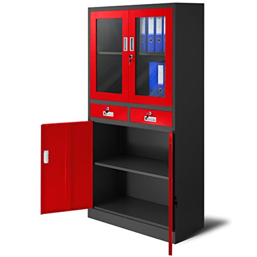 Aktenschrank C017 mit 2 Schubladen Medizinschrank Büroschrank 2 Abteile Pulverbeschichtung Stahlblech 185 cm x 90 cm x 40 cm (anthrazit/rot)