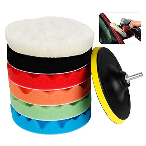 KOROSTRO Auto Polierschwamm, Auto Polierpad Set 6 Inchs Polierteller aus Schwamm und Wolle Polieraufsatz Bohrmaschineb Polierset für Schleifmaschine Poliermaschine, 7 Pack