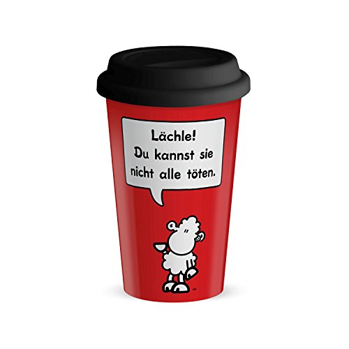 Die Geschenkewelt 44422 Becher mit sheepworld Motiv Lächle, Du kannst sie nicht alle töten, Porzellan, 45 cl, mit Silikon-Deckel, rot, schwarz
