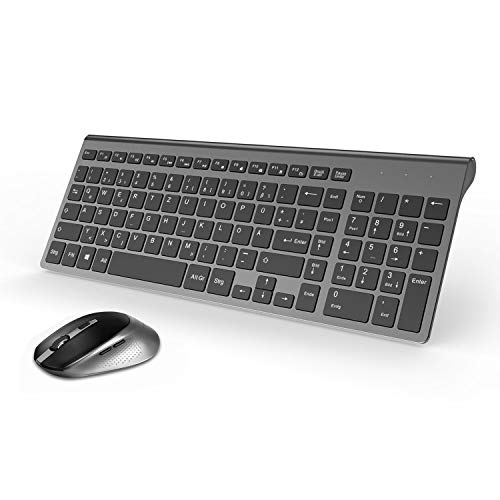 J JOYACCESS Maus und Tastatur,2.4Ghz Ultra Dünne Wireless Tastatur Maus Set Kabellos Ergonomischer und Leise 2400DPI Optische Maus für PC/Laptop/Smart TV(QWERTZ, Deutsches Layout)-Schwarz und Grau