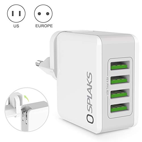 Splaks USB Ladegerät 4-Port 24W 5V/4.8A Wall Charger Netzteil mit EU Adapter und integriertem USA Reiseadapter für Galaxy iPhone iPad Bluetooth/Tragbar Geräte USB-Ladene Geräte-Weiß