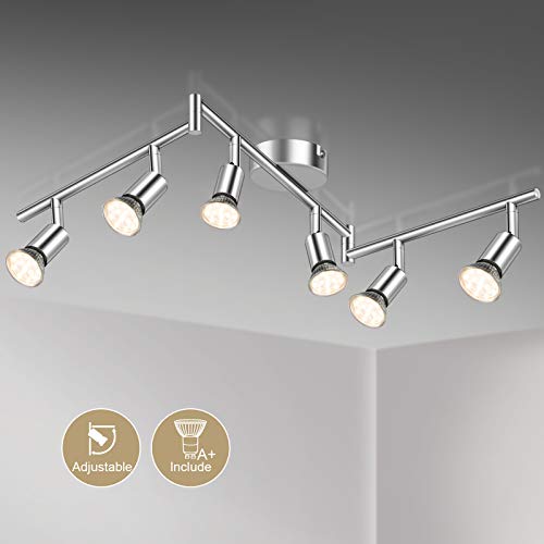 Defurhome LED Deckenleuchte Drehbar, 6 Flammig LED Strahler Deckenlampe Spot,Modern Deckenstrahler (Weißes Chrom) für Küche, Wohnzimmer, Schlafzimmer, inkl. 6 x 4 W GU10 LED Lampen (400LM, warmweiß)