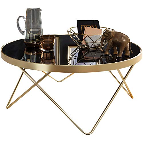 FineBuy Design Couchtisch Daina Ø 82 cm schwarz/matt Gold Beistelltisch Metall/Glas | Tisch mit Glasplatte | Ablagetisch modern | Großer Wohnzimmertisch | Glastisch mit Metallgestell