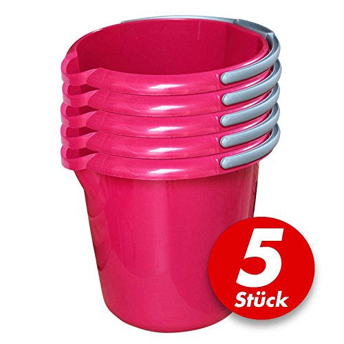 Putzeimer Set - 5 Stück mit Ausguss und Skala, 10 Liter - Eimer rund, Wassereimer Kunststoff, Haushaltseimer Plastik - verschiedene Farben, Farbe:azur