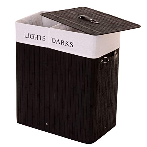 Mendler Wäschekorb HWC-C21, Laundry Wäschebox Wäschesammler Wäschebehälter, Bambus 2 Fächer 63x55x34cm 100l ~ schwarz