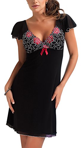 R-Dessous exklusives Nachtkleid Negligee Sleepshirt Damen Viskose Nachtwäsche Nachthemd mit Träger Dessous, Herstellergroesse 4XL (48), Schwarz / Rot