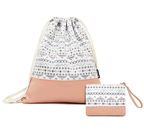 Leapop Turnbeutel Hipster Segeltuch Sporttaschen, Rosa Gym Sack Beutel Sportbeutel Tüte Rucksack mit Innentasche und Schlüsselbund, Münzbörsen (Geometrisches Muster)