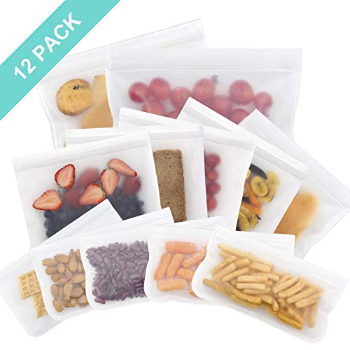 OFUN Wiederverwendbare Aufbewahrungstasche für Lebensmittel 12pcs, biologisch abbaubare Sandwich Snack Taschen aus PEVA Kochbeutel Gefrierbeutel BPA frei für Obst Gemüse Fleisch und Brot