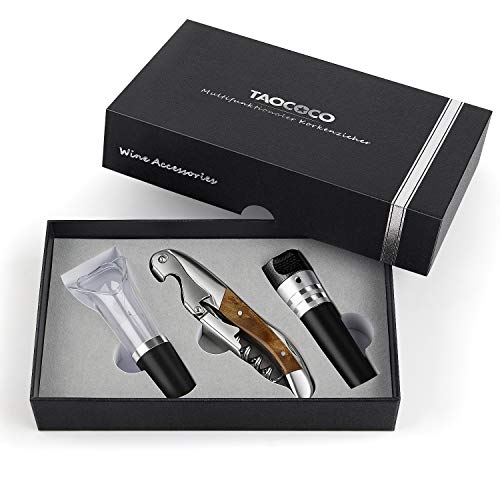 TAOCOCO Kellnermesser Set Flaschenöffner Multifunktionaler Korkenzieher Edelstahl & Holz Weinöffner mit Vakuum-Verschluss Weinausgießer edle Geschenk-Verpackung