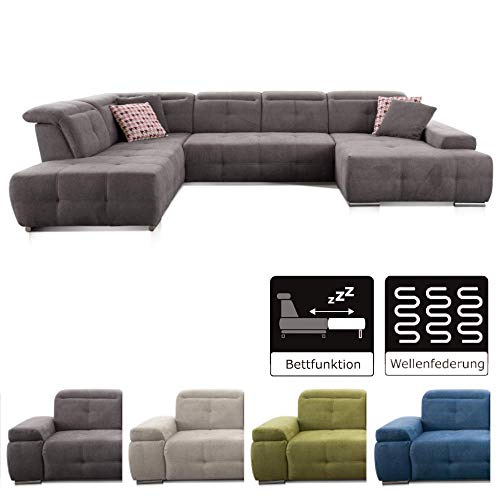 CAVADORE Wohnlandschaft Mistrel mit Longchair rechts / Großes Schlafsofa in U-Form / Inkl. Kopfteilfunktion und großer Liegefläche (125 x 270) / 343 x 77-93 x 228 / Dunkelgrau