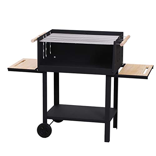 Outsunny Kohlegrill Grillwagen Grillstation Standgrill mit Windschutz 2 x Rost höhenverstellbar Metall Schwarz 138 x 52,5 x 101 cm