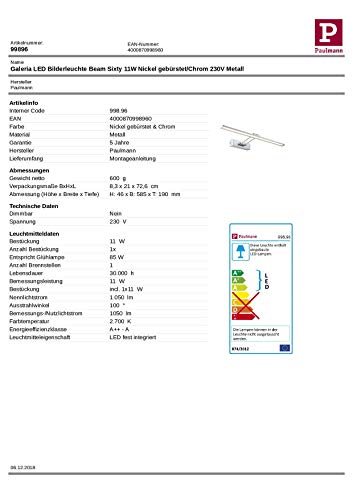 Paulmann 99896 Galeria Bilderleuchte LED Bildbeleuchtung Beam Sixty Galeriebeleuchtung 11W Aufsatzlampe Nickel gebürstet Strahler inkl. Leuchtmittel