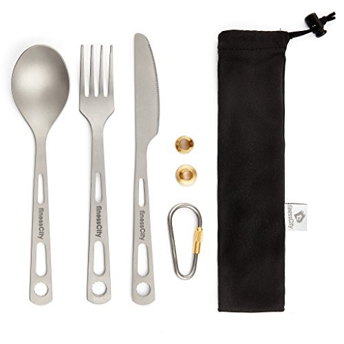 Titan Utility-Besteck Set Extra stark Ultraleicht (Ti), Gesund & Umweltfreundlich 3/4-teilig Essstäbchen Messer Gabel Löffel Set für den Heimgebrauch / Reisen / Camping Besteck-Set im praktischen Aufbewahrungsetui (3 Piece Cutlery Set)