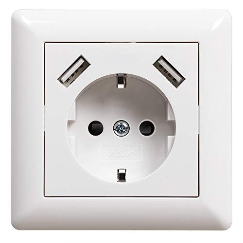 USB Steckdose Weiß Unterputz Schuko Steckdose mit USB Anschluss (Max. 2.8A) System 55 Reinweiß Glänzend Schutzkontakt-Steckdose Wandsteckdose Passent in Standard Unterputzdose für Smartphone MP3