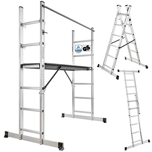 Arebos Arbeitsgerüst / 3 in 1 - Gerüst, Bockleiter oder Anlegeleiter/Alu/Belastbarkeit bis 150 kg/GS, EN 131 geprüft