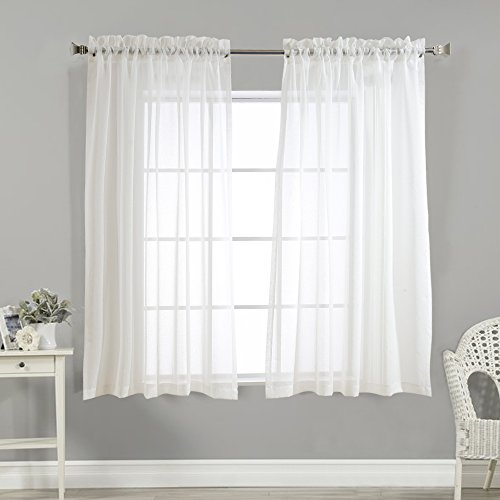 TOPICK Voile Vorhang mit Stangendurchzug transparent Gardine 2 Stücke Gaze paarig Fensterschal Vorhänge 160 cm x 140 cm ( H x B ),2er-Set,Weiß