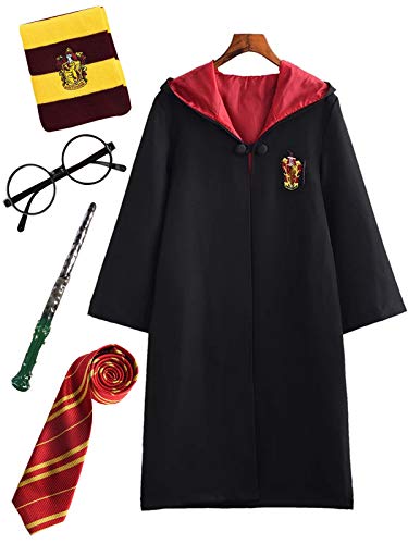 FStory&Winyee Kinder Erwachsene Cosplay Kostüm Harry Potter Kostüm Umhang Film Fanartikel Outfit Set Zauberstab Krawatte Schal Brille Karneval Verkleidung Fasching Halloween schwarz 115-185 Groß Größe