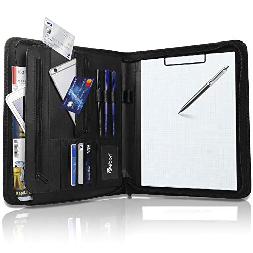 Vebon Schreibmappe A4 groß'New York' | Veganes Leder, Reißverschluss + Klemmbrett | Dokumentenmappe + Laptoptasche | extra Stauraum | Schwarz