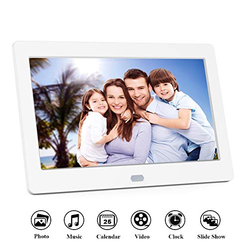 Digitaler Bilderrahmen Hochauflösend Full IPS Bildschirm Video Musik Player mit Kalender/Wecker, Elektronischer Fotorahmen mit Fernbedienung, (7inch, White)