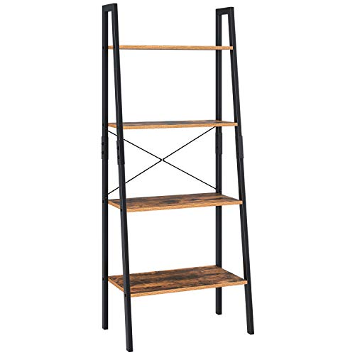 Homfa Standregal Leiterregal mit 4 Etagen Bücherregal Pflanzenregal Blumrenregal Balkonregal Badregal aus Metall und Holz Vintage Industrial schwarz 138.5x56x34.5cm