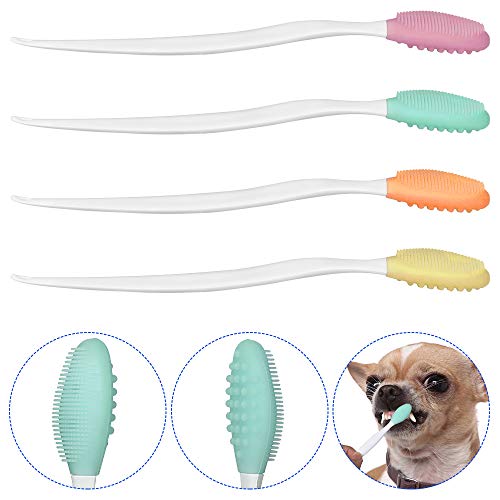 SlowTon Hundezahnbürste, 4 Packungen Silikon Pro doppelseitig Weicher Komfort Schonender Zahnbürsten-Satz mit 5,7 Zoll gebogenem langem Griff für kleine Welpen von Welpen Kleinste Hunde Katzen