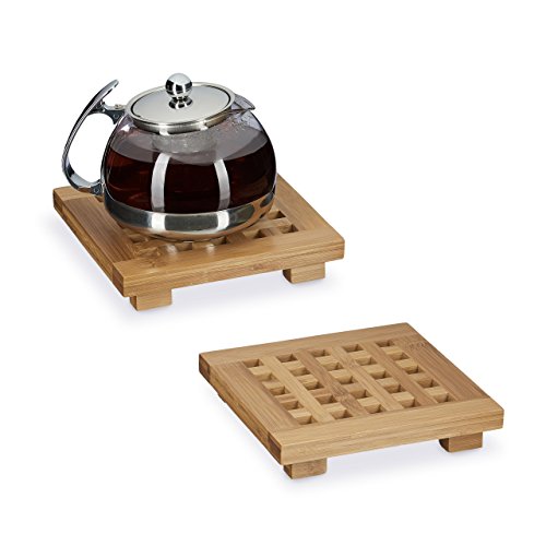 Relaxdays Untersetzer 2er Set quadratisch Bambus, Topfuntersetzer aus Holz für Töpfe, Pfannen, Teller, abwischbar, HBT ca. 4 x 20 x 20 cm, natur