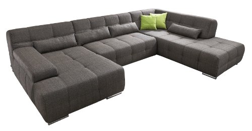 Cavadore Wohnlandschaft Boogies mit Longchair links / Sofa U-Form mit moderner Steppung in Sitz und Rückenlehne / Rückenecht / Inklusive Kissen / Größe: 344x76x231 (BxHxT) / Bezug in Strukturstoff schwarz/braun