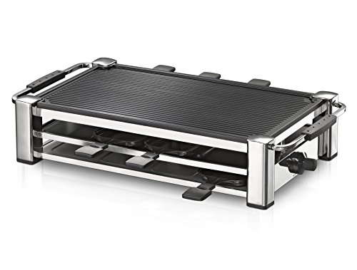 ROMMELSBACHER RCC 1500 Raclette-Grill (extra langes Kabel (2m), Tischgrill für 8 Personen, gerippte Alu-Druckguss-Grillplatte, Xylan Plus Antihaftbeschichtung, Parkdeck, 1500 W) chrom