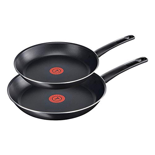 Tefal First Cook Pfannenset 2-teilig B43506, 24 und 28 cm Titanium Force Antihaftbeschichtung, Pfannen mit integrierter Temperaturanzeige, ergonomischer Griff, Bratpfanne mit Schüttrand