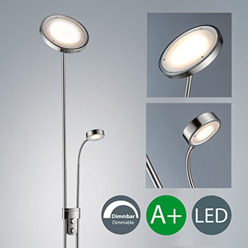 LED Stehlampe inkl LED Platine 230V IP20 21W LED Stehleuchte modern Deckenfluter mit Leselampe LED Standleuchte mit Drehschalter warmweiss Metall-Glas matt nickel 2000lm 21 Watt schwenkbar Wohnzimmer