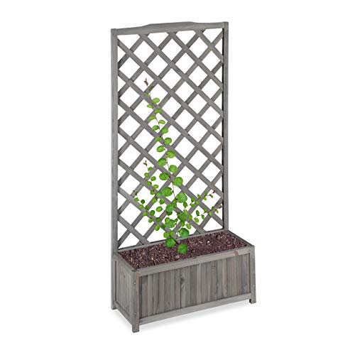 Relaxdays Rankkasten mit Rankgitter, wetterfest, Holz, f. Balkon, Garten, Rosen, Wein, 35 L Kübel, 150cm Rankhilfe, grau