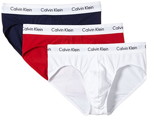 Calvin Klein underwear, Herren Casual Slip 3er Pack HIP BRIEF,Mehrfarbig (WHITE/RED GINGER/PYRO BLUE I03), Small
