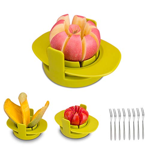 Henshow Obstschneider Set, 4 in 1 Multifunktions Obstschneider gehören 3 Verschiedene scharfe Klingen aus rostfreiem Stahl Apfelschneider/Mango-Schneider/Tomatenschneider, mit 8 Fruchtgabel