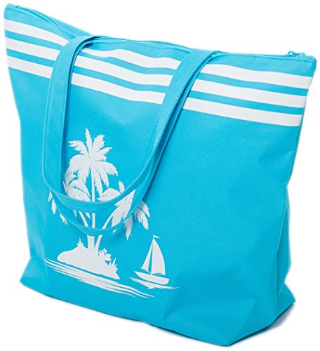 Strandtasche Damen Schultertasche Shopper Sommer TascheVerschluss Reißverschluss Größe 50 x 40 x 16 cm Palme-Muster Airee Fairee (Blau)