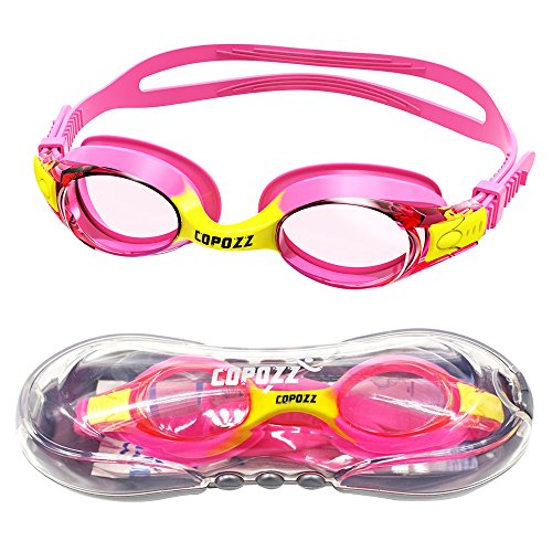 Kinder Schwimmbrille, COPOZZ Schwimmbrille für Kinder Junior Mädchen - Jahre 3 4 5 6 7 8 9 10 11 12 - Antibeschlag Wasserdicht UV Schutz - Mirror / Gespiegelte Klar linse - Wit Gratis Schutz Fall Rot